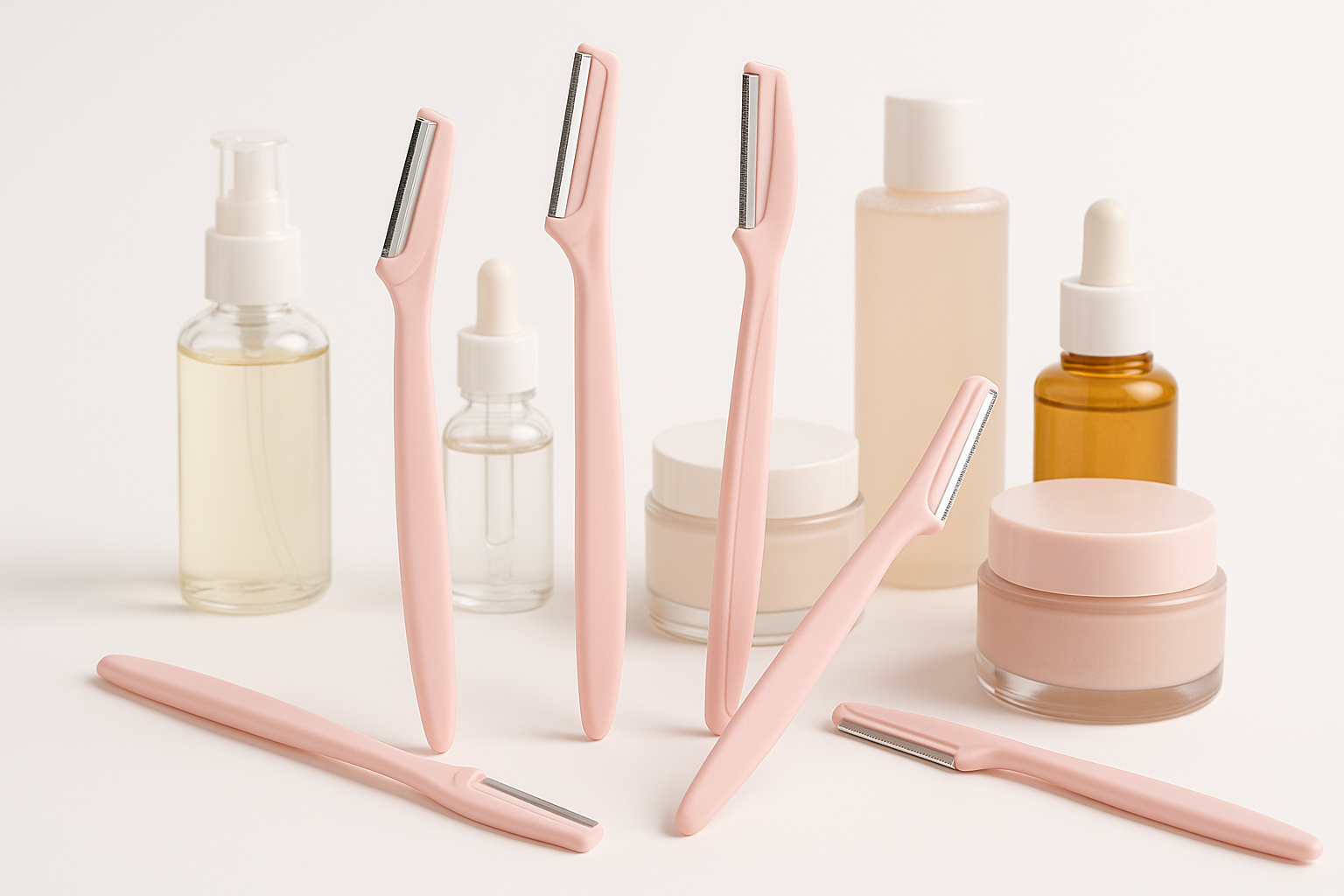 professional photo of dermaplaning razors in pink color along side with other skin care products 